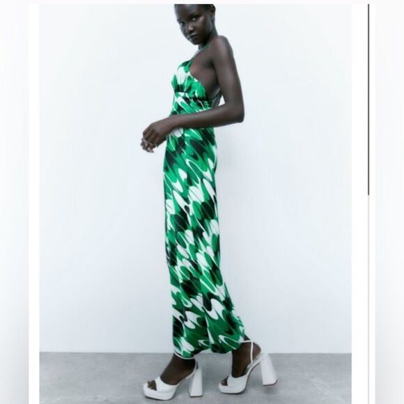 ZARA LINGERIE STYLE PRINT DRESS BLACK / GREEN - Picture 1 of 5